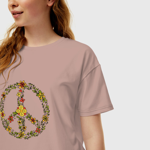 Женская футболка хлопок Oversize Пацифик знак хиппи цветы, цвет пыльно-розовый - фото 3