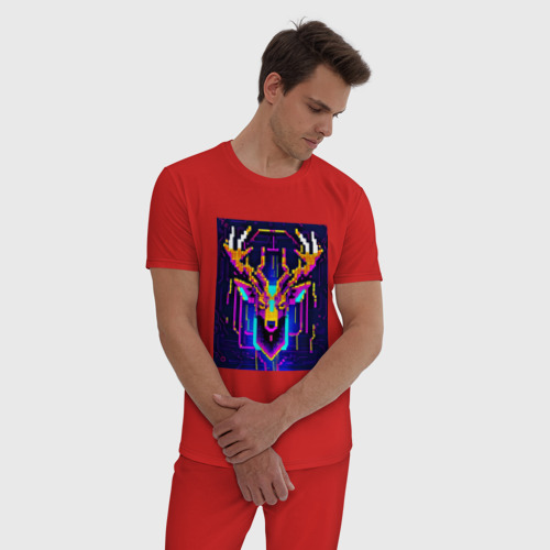 Мужская пижама хлопок с принтом Рогатый пиксельный олень, фото на моделе #1