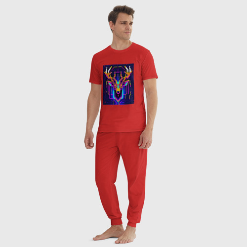 Мужская пижама хлопок с принтом Рогатый пиксельный олень, вид сбоку #3
