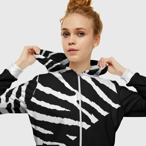Женская толстовка 3D на молнии Полосы зебры с черным, цвет белый - фото 5
