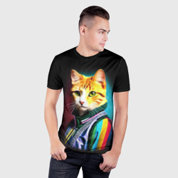 Мужская футболка 3D Slim Модный рыжий кот - неон - поп-арт - фото 2