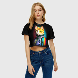 Женская футболка Crop-top 3D Модный рыжий кот - неон - поп-арт - фото 2
