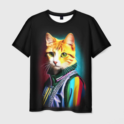 Мужская футболка 3D Модный рыжий кот - неон - поп-арт