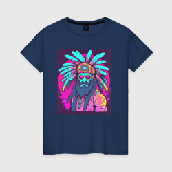 Женская футболка хлопок Модный парень индеец с перьями на голове