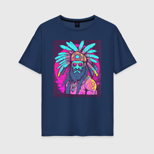 Женская футболка хлопок Oversize Модный парень индеец с перьями на голове, цвет темно-синий
