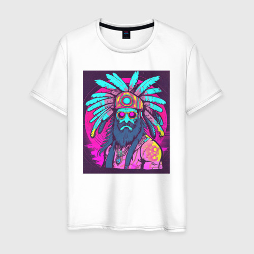 Мужская футболка хлопок Модный парень индеец с перьями на голове, цвет белый