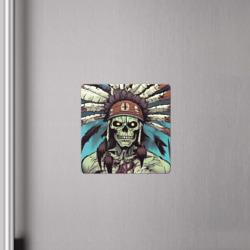 Магнит с принтом Индеец зомби с перьями на голове для любого человека, вид спереди №4. Цвет основы: белый