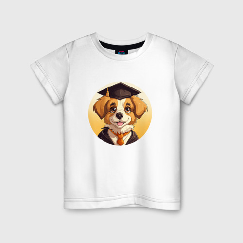 Детская футболка из хлопка с принтом Собачка-ученик, вид спереди №1