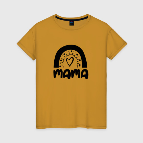 Женская футболка хлопок Мама радуга сердце рисунок, цвет горчичный