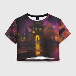 Женская футболка Crop-top 3D Жуткий дом и ведьма с метлой