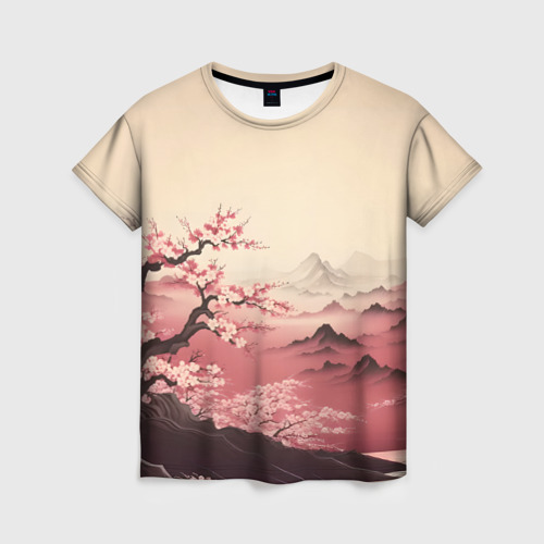 Женская футболка 3D Сакура в горах, цвет 3D печать