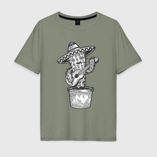 Мужская футболка хлопок Oversize с принтом Кактус с гитарой, вид спереди #2
