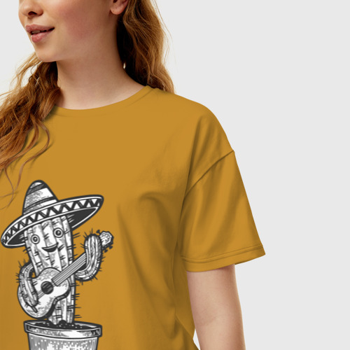 Женская футболка хлопок Oversize Кактус с гитарой мексиканский, цвет горчичный - фото 3