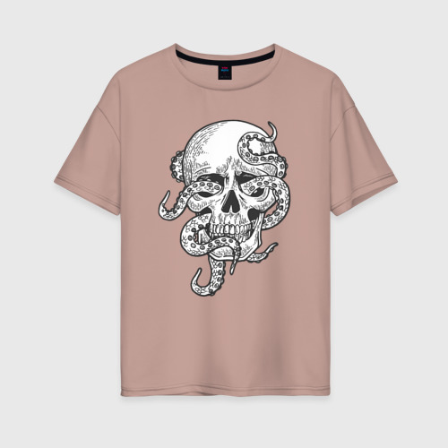 Женская футболка хлопок Oversize Skull octopus, цвет пыльно-розовый