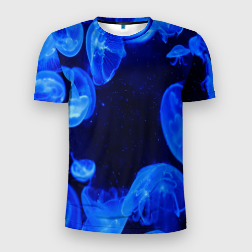 Мужская футболка 3D Slim с принтом Медузы голубого цвета, вид спереди #2