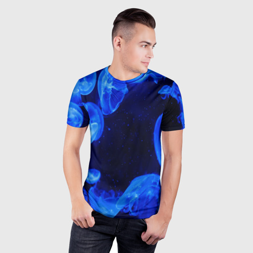 Мужская футболка 3D Slim с принтом Медузы голубого цвета, фото на моделе #1