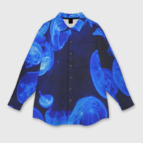 Женская рубашка oversize 3D с принтом Медузы голубого цвета, вид спереди #2