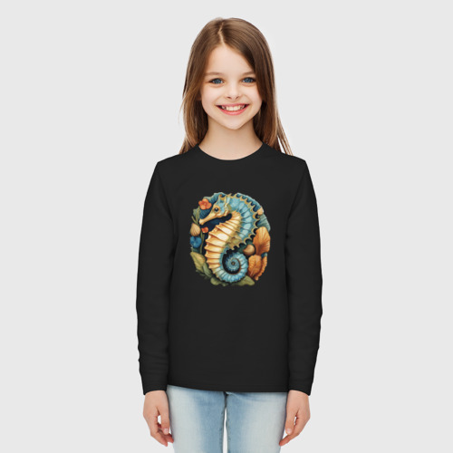 Детский лонгслив хлопок с принтом Морской конек среди ракушек, вид сбоку #3