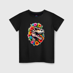 Детская футболка хлопок Череп динозавра с цветами в мексиканском стиле