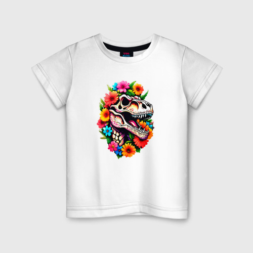 Детская футболка из хлопка с принтом Череп динозавра с цветами в мексиканском стиле, вид спереди №1