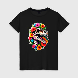 Женская футболка хлопок Череп динозавра с цветами в мексиканском стиле