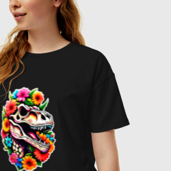 Женская футболка хлопок Oversize Череп динозавра с цветами в мексиканском стиле - фото 2