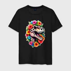Мужская футболка хлопок Череп динозавра с цветами в мексиканском стиле
