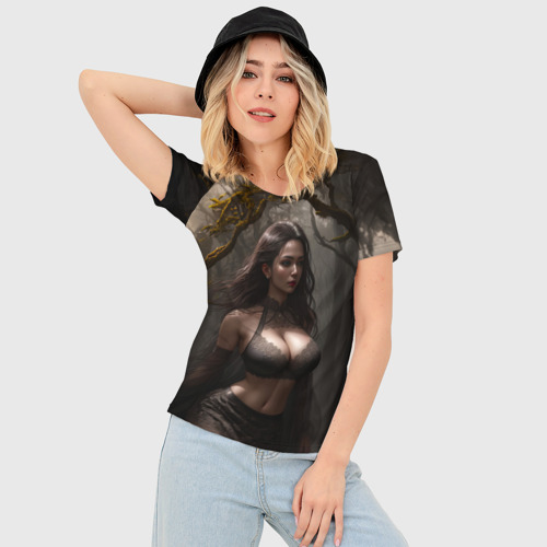 Женская футболка 3D Slim Девушка в лесу на фоне луны, цвет 3D печать - фото 3