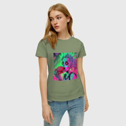 Женская футболка хлопок Девушка панк в ярких цветах ест мясо - фото 2