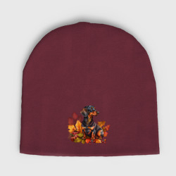 Женская шапка демисезонная Такса арт в осенних листьях