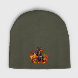 Женская шапка демисезонная Такса арт в осенних листьях