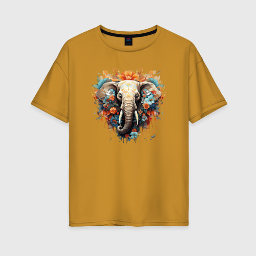 Женская футболка хлопок Oversize Слон в цветах - хиппи арт принт, цвет горчичный