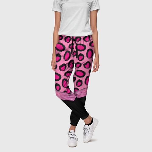 Женские брюки 3D Розовый леопард и блестки принт, цвет 3D печать - фото 3