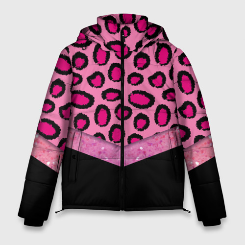 Мужская зимняя куртка 3D Розовый леопард и блестки принт, цвет черный