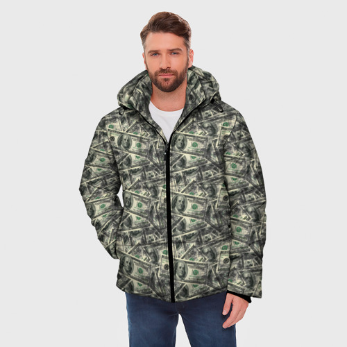 Мужская зимняя куртка 3D с принтом Американские доллары, фото на моделе #1