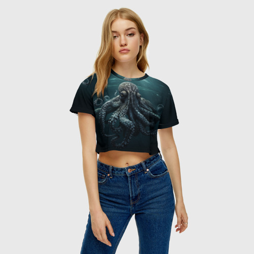 Женская футболка Crop-top 3D Осьминог под водой, цвет 3D печать - фото 4