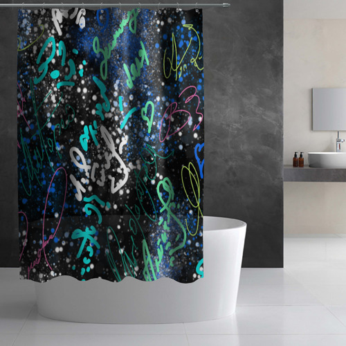 Штора 3D для ванной Цветные росписи на чёрнам - фото 3