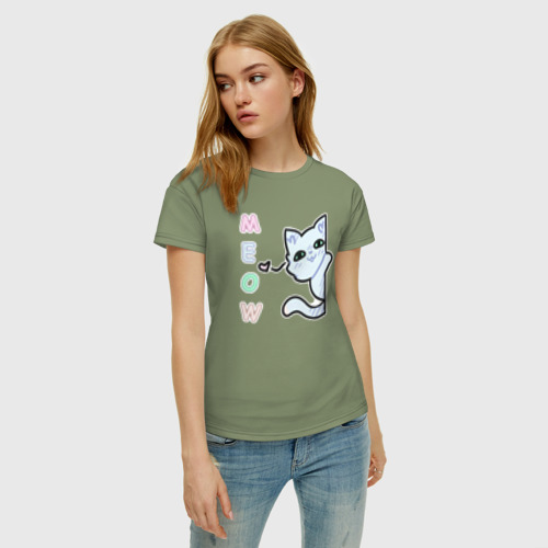 Женская футболка хлопок Котенок Мяу, цвет авокадо - фото 3