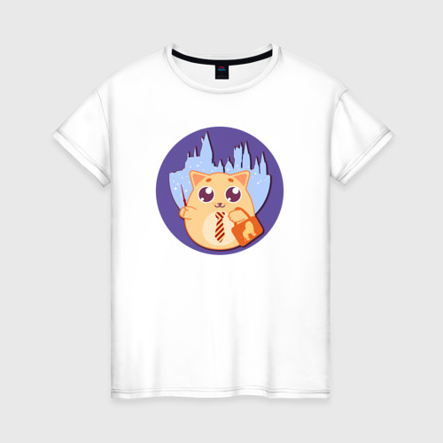 Женская футболка из хлопка с принтом Кот ученик школы магии, вид спереди №1