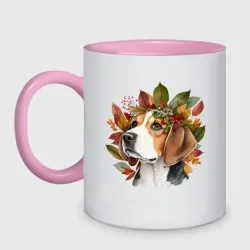 Кружка двухцветная Бигль в венке из осенних листьев