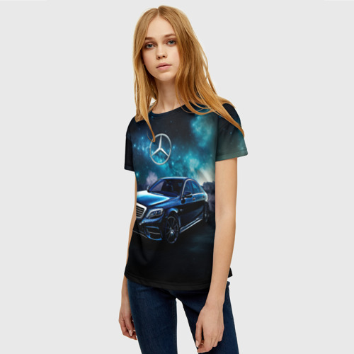 Женская футболка 3D с принтом Синий  мерседес, фото на моделе #1