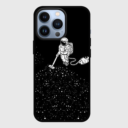 Чехол для iPhone 13 Pro с принтом Космонавт пылесосит звезды, вид спереди #2