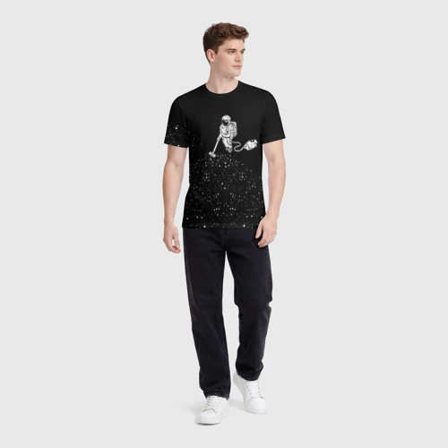 Мужская футболка 3D с принтом Космонавт пылесосит звезды, вид сбоку #3