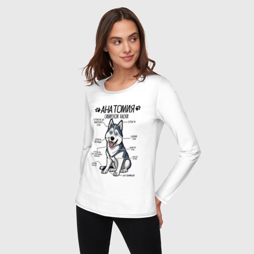 Женский лонгслив хлопок с принтом Сибирский Хаски анатомия, строение собаки, фото на моделе #1