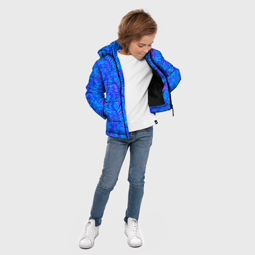 Зимняя куртка для мальчиков 3D с принтом Синие неоновые листья, вид сбоку #3
