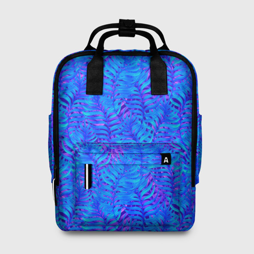 Женский рюкзак 3D с принтом Синие неоновые листья, вид спереди #2