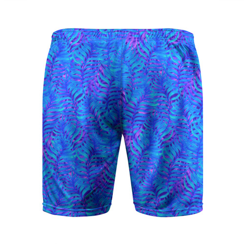 Мужские шорты спортивные с принтом Синие неоновые листья, вид сзади #1