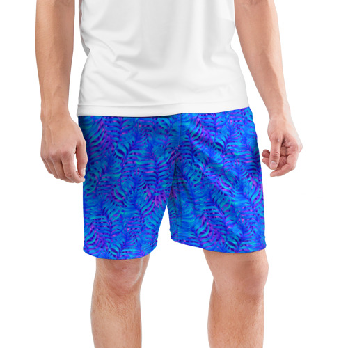 Мужские шорты спортивные с принтом Синие неоновые листья, фото на моделе #1