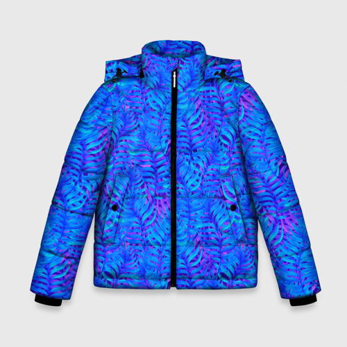 Зимняя куртка для мальчиков 3D с принтом Синие неоновые листья, вид спереди #2