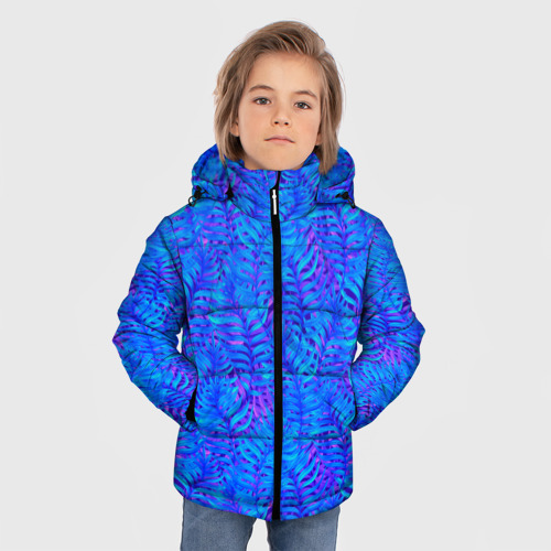 Зимняя куртка для мальчиков 3D с принтом Синие неоновые листья, фото на моделе #1